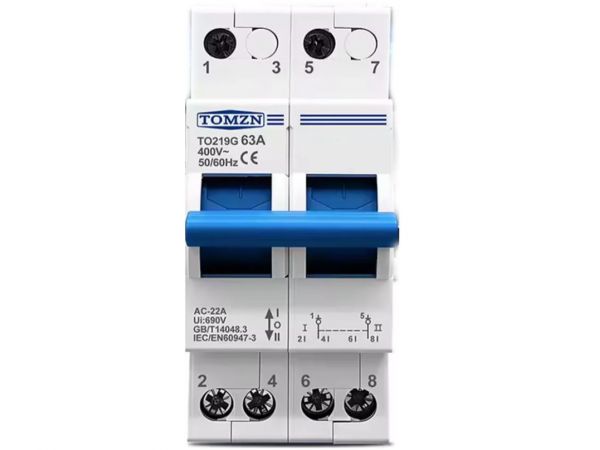 Трехпозиционный двухполюсный переключатель нагрузки Tomzn TO219G 2P 63A MTS  I-0-II 230/400В