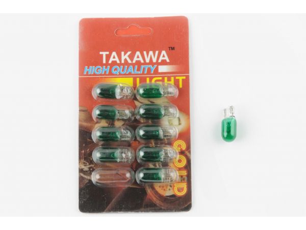 Лампа Т10 (безцокольная)   12V 3W   (габарит, приборы)   (зеленая)   TAKAWA