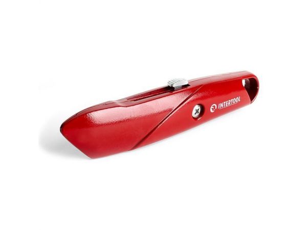 Нож с выдвижным трапециевидным лезвием, металлический корпус INTERTOOL